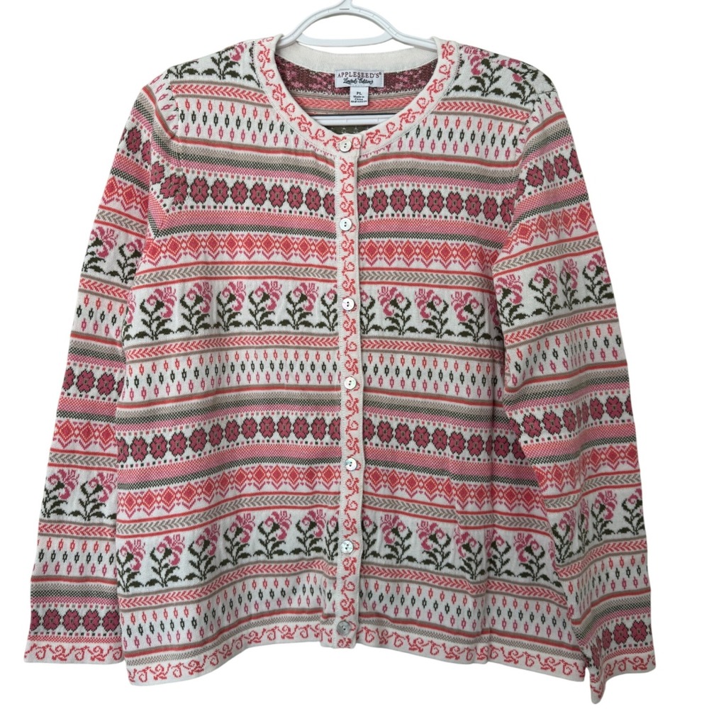 Appleseeds 100%‎ Cotton Floral Cardigan Pearlized Buttons Size Petite Large